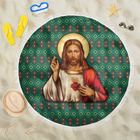 Sacred Heart Jesus Christmas Beach Blanket with Festive Green Knit Pattern - Wonder Print Shop