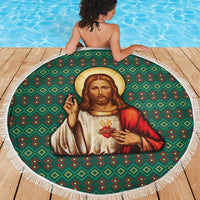 Sacred Heart Jesus Christmas Beach Blanket with Festive Green Knit Pattern - Wonder Print Shop