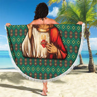 Sacred Heart Jesus Christmas Beach Blanket with Festive Green Knit Pattern - Wonder Print Shop