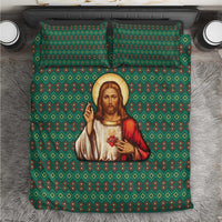 Sacred Heart Jesus Christmas Bedding Set with Festive Green Knit Pattern - Wonder Print Shop