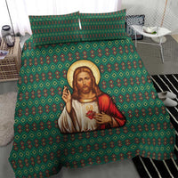 Sacred Heart Jesus Christmas Bedding Set with Festive Green Knit Pattern - Wonder Print Shop