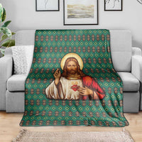 Sacred Heart Jesus Christmas Blanket with Festive Green Knit Pattern - Wonder Print Shop