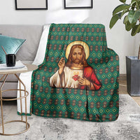 Sacred Heart Jesus Christmas Blanket with Festive Green Knit Pattern - Wonder Print Shop