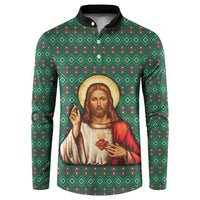 Sacred Heart Jesus Christmas Button Sweatshirt with Festive Green Knit Pattern - Wonder Print Shop