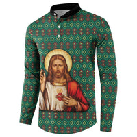 Sacred Heart Jesus Christmas Button Sweatshirt with Festive Green Knit Pattern - Wonder Print Shop