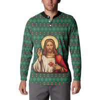 Sacred Heart Jesus Christmas Button Sweatshirt with Festive Green Knit Pattern - Wonder Print Shop