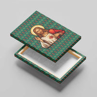 Sacred Heart Jesus Christmas Canvas Wall Art with Festive Green Knit Pattern - Wonder Print Shop