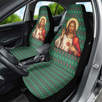 Sacred Heart Jesus Christmas Car Seat Cover with Festive Green Knit Pattern - Wonder Print Shop