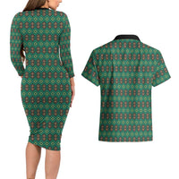 Sacred Heart Jesus Christmas Couples Matching Long Sleeve Bodycon Dress and Hawaiian Shirt with Festive Green Knit Pattern - Wonder Print Shop