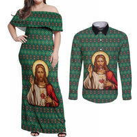 Sacred Heart Jesus Christmas Couples Matching Off Shoulder Maxi Dress and Long Sleeve Button Shirt with Festive Green Knit Pattern - Wonder Print Shop