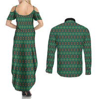 Sacred Heart Jesus Christmas Couples Matching Summer Maxi Dress and Long Sleeve Button Shirt with Festive Green Knit Pattern - Wonder Print Shop