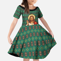 Sacred Heart Jesus Christmas Family Matching Long Sleeve Bodycon Dress and Hawaiian Shirt with Festive Green Knit Pattern - Wonder Print Shop