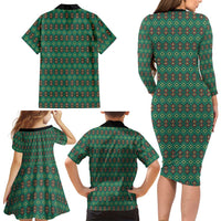 Sacred Heart Jesus Christmas Family Matching Long Sleeve Bodycon Dress and Hawaiian Shirt with Festive Green Knit Pattern - Wonder Print Shop