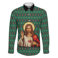 Sacred Heart Jesus Christmas Family Matching Long Sleeve Bodycon Dress and Hawaiian Shirt with Festive Green Knit Pattern - Wonder Print Shop