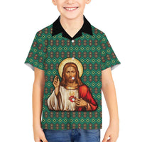 Sacred Heart Jesus Christmas Family Matching Long Sleeve Bodycon Dress and Hawaiian Shirt with Festive Green Knit Pattern - Wonder Print Shop