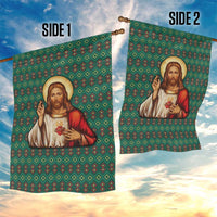 Sacred Heart Jesus Christmas Garden Flag with Festive Green Knit Pattern - Wonder Print Shop