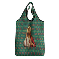 Sacred Heart Jesus Christmas Grocery Bag with Festive Green Knit Pattern - Wonder Print Shop