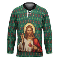 Sacred Heart Jesus Christmas Hockey Jersey with Festive Green Knit Pattern - Wonder Print Shop