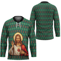 Sacred Heart Jesus Christmas Hockey Jersey with Festive Green Knit Pattern - Wonder Print Shop