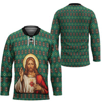 Sacred Heart Jesus Christmas Hockey Jersey with Festive Green Knit Pattern - Wonder Print Shop