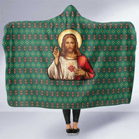 Sacred Heart Jesus Christmas Hooded Blanket with Festive Green Knit Pattern - Wonder Print Shop