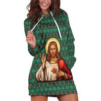 Sacred Heart Jesus Christmas Hoodie Dress with Festive Green Knit Pattern - Wonder Print Shop