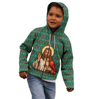 Sacred Heart Jesus Christmas Kid Hoodie with Festive Green Knit Pattern - Wonder Print Shop