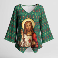 Sacred Heart Jesus Christmas Kimono Sleeve Blouse with Festive Green Knit Pattern - Wonder Print Shop