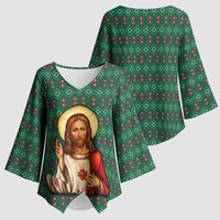 Sacred Heart Jesus Christmas Kimono Sleeve Blouse with Festive Green Knit Pattern - Wonder Print Shop