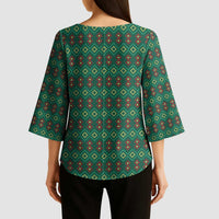 Sacred Heart Jesus Christmas Kimono Sleeve Blouse with Festive Green Knit Pattern - Wonder Print Shop