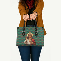 Sacred Heart Jesus Christmas Leather Bag with Festive Green Knit Pattern - Wonder Print Shop