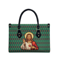 Sacred Heart Jesus Christmas Leather Bag with Festive Green Knit Pattern - Wonder Print Shop