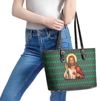 Sacred Heart Jesus Christmas Leather Tote Bag with Festive Green Knit Pattern - Wonder Print Shop