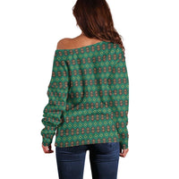 Sacred Heart Jesus Christmas Off Shoulder Sweater with Festive Green Knit Pattern - Wonder Print Shop
