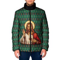 Sacred Heart Jesus Christmas Padded Jacket with Festive Green Knit Pattern - Wonder Print Shop