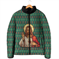 Sacred Heart Jesus Christmas Padded Jacket with Festive Green Knit Pattern - Wonder Print Shop