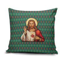 Sacred Heart Jesus Christmas Pillow Cover with Festive Green Knit Pattern - Wonder Print Shop