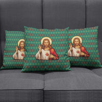 Sacred Heart Jesus Christmas Pillow Cover with Festive Green Knit Pattern - Wonder Print Shop