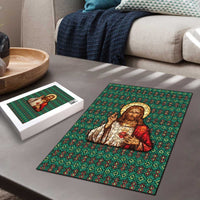 Sacred Heart Jesus Christmas Puzzle with Festive Green Knit Pattern - Wonder Print Shop