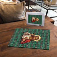 Sacred Heart Jesus Christmas Puzzle with Festive Green Knit Pattern - Wonder Print Shop