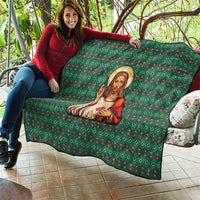 Sacred Heart Jesus Christmas Quilt with Festive Green Knit Pattern - Wonder Print Shop