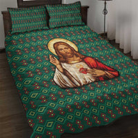 Sacred Heart Jesus Christmas Quilt Bed Set with Festive Green Knit Pattern - Wonder Print Shop
