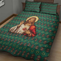 Sacred Heart Jesus Christmas Quilt Bed Set with Festive Green Knit Pattern - Wonder Print Shop