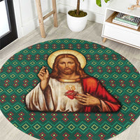 Sacred Heart Jesus Christmas Round Carpet with Festive Green Knit Pattern - Wonder Print Shop