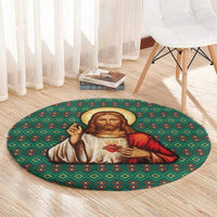 Sacred Heart Jesus Christmas Round Carpet with Festive Green Knit Pattern - Wonder Print Shop