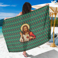 Sacred Heart Jesus Christmas Sarong with Festive Green Knit Pattern - Wonder Print Shop