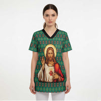 Sacred Heart Jesus Christmas Scrub Top with Festive Green Knit Pattern - Wonder Print Shop