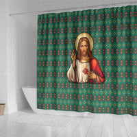 Sacred Heart Jesus Christmas Shower Curtain with Festive Green Knit Pattern - Wonder Print Shop