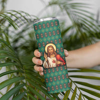 Sacred Heart Jesus Christmas Skinny Tumbler with Festive Green Knit Pattern - Wonder Print Shop
