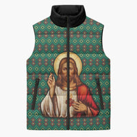Sacred Heart Jesus Christmas Sleeveless Puffer Jacket with Festive Green Knit Pattern - Wonder Print Shop